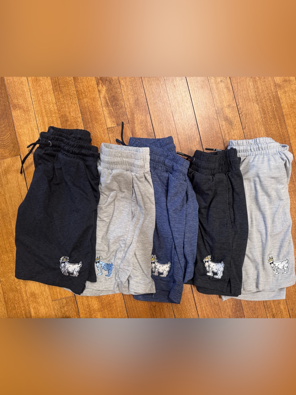 5 pairs of youth XL GOAT-Embroidered Drawstring Shorts - Blue, Grey, Black